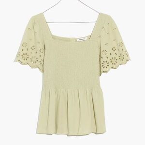 madewell eyelet sleeve lucie smocked peplum top sage seagrass green
